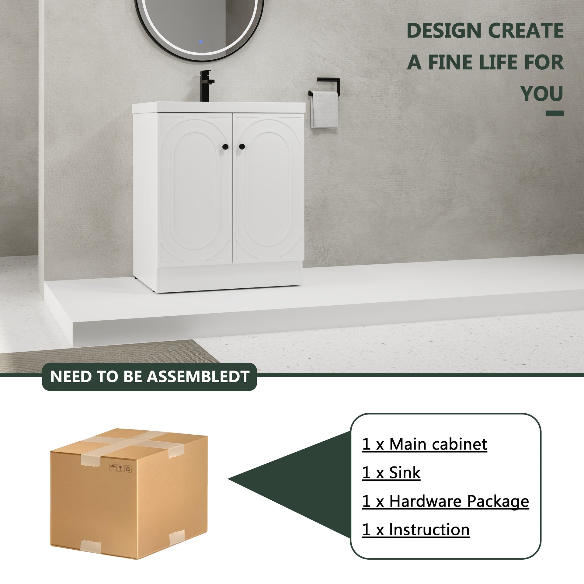 30" Freestanding Bathroom Vanity White Resin Sink & 2 Soft-Close Cabinet Doors (KD-Packing)