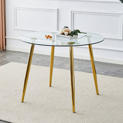 A glass tabletop with a diameter of 40 inches and a modern minimalist circular dining table with electroplated golden metal legs.Suitable for living rooms, and conference rooms.W1151S00375,W1151S02857
