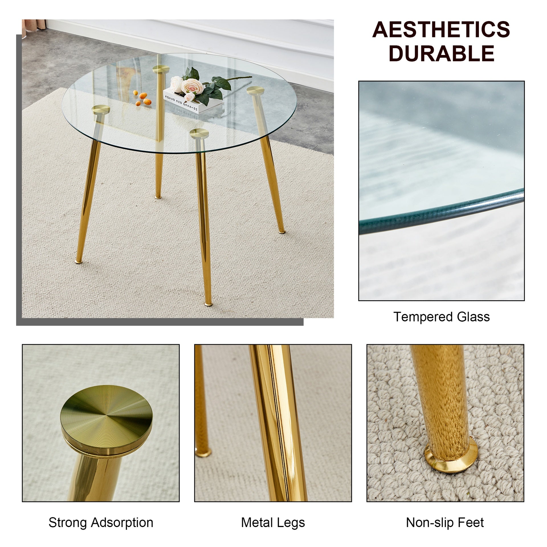A glass tabletop with a diameter of 40 inches and a modern minimalist circular dining table with electroplated golden metal legs.Suitable for living rooms, and conference rooms.W1151S00375,W1151S02857