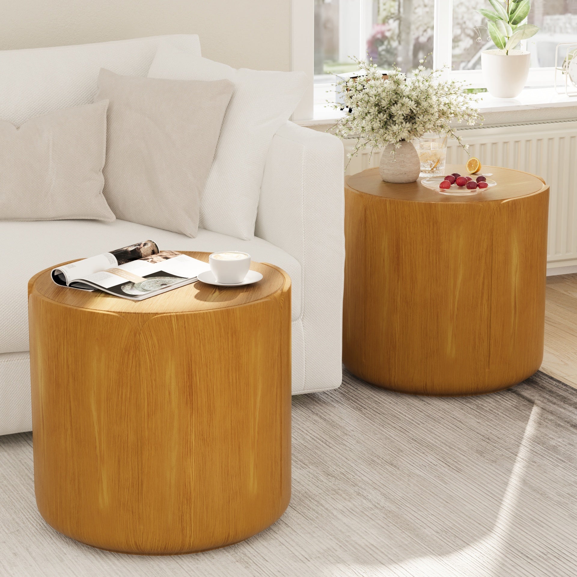 19.29"H Round Outdoor Indoor Side Table Set, Modern Wood Grain Patio Garden Stool Set, Sturdy Magnesium Oxide Waterproof, No-Assembly Table for Patio, Garden, Backyard, Living Room,Wood Color,Set of 2