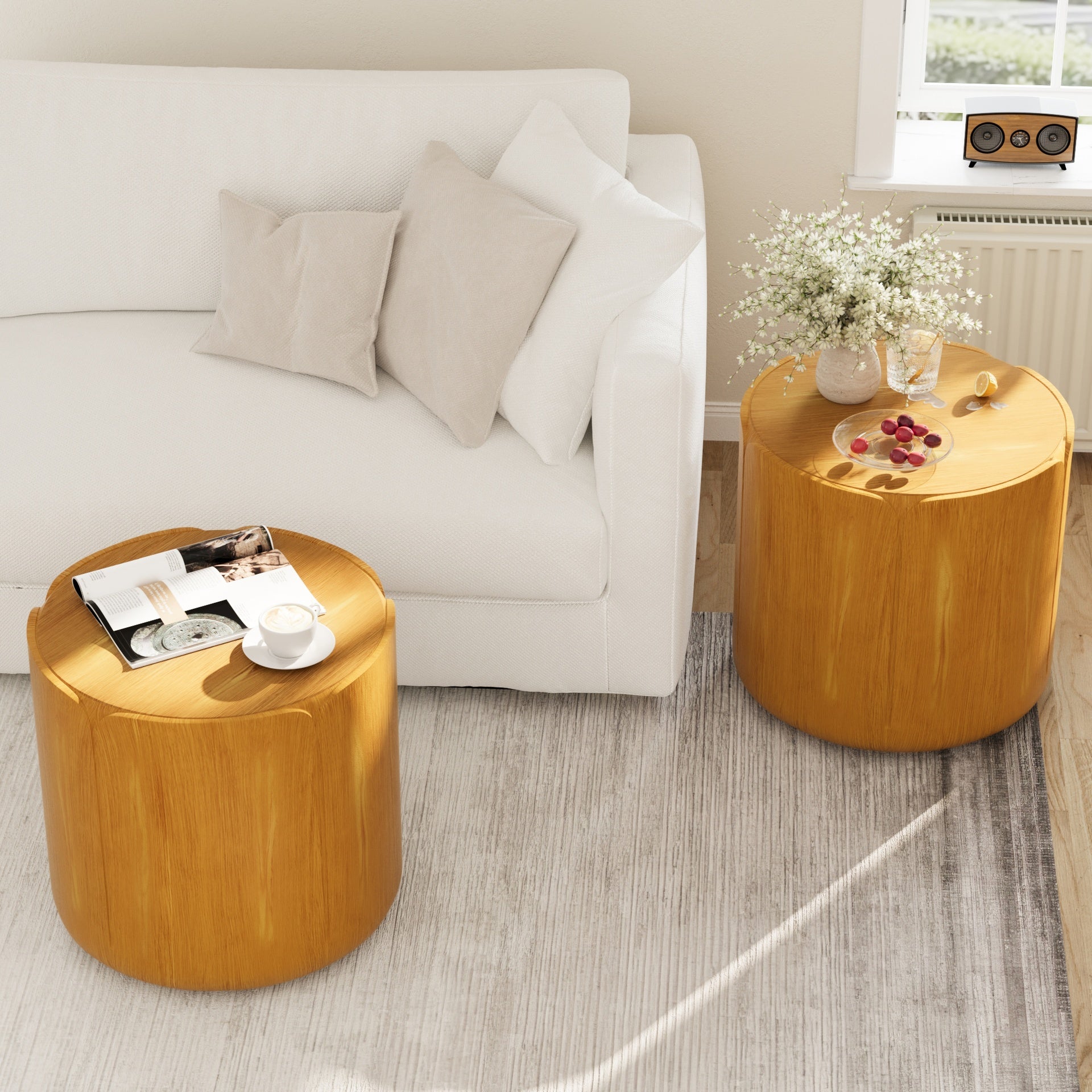 19.29"H Round Outdoor Indoor Side Table Set, Modern Wood Grain Patio Garden Stool Set, Sturdy Magnesium Oxide Waterproof, No-Assembly Table for Patio, Garden, Backyard, Living Room,Wood Color,Set of 2