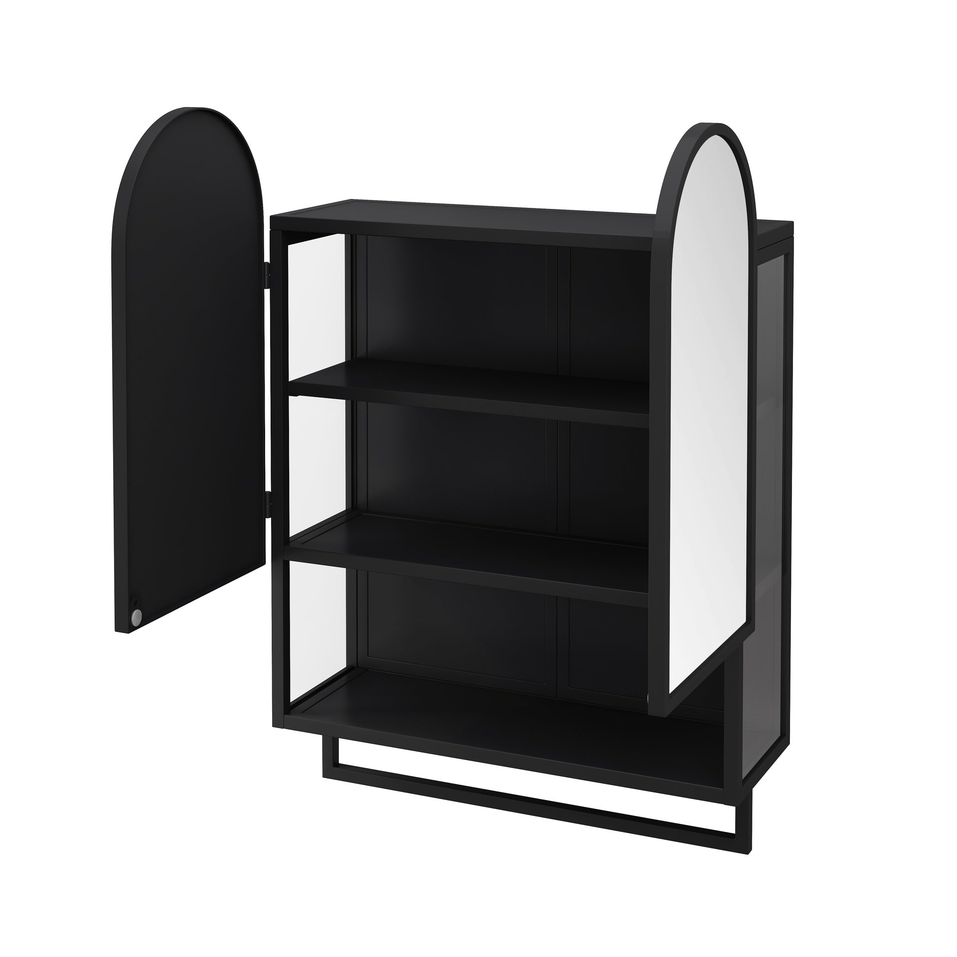 23.62" Modern Double-Arched Mirror Cabinet,2 Doors Medicine Cabinet, Metal Wall Cabinet with Open Shelf and Towel Rack, Mirror Cabinet with Storage for Bathroom, Living Room and Bedroom, Black