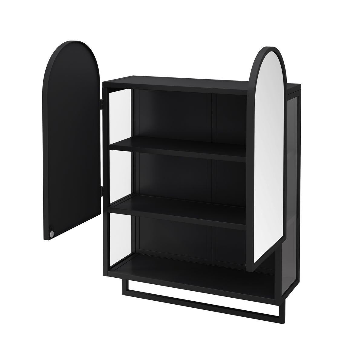 23.62" Modern Double-Arched Mirror Cabinet,2 Doors Medicine Cabinet, Metal Wall Cabinet with Open Shelf and Towel Rack, Mirror Cabinet with Storage for Bathroom, Living Room and Bedroom, Black