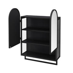 23.62" Modern Double-Arched Mirror Cabinet,2 Doors Medicine Cabinet, Metal Wall Cabinet with Open Shelf and Towel Rack, Mirror Cabinet with Storage for Bathroom, Living Room and Bedroom, Black