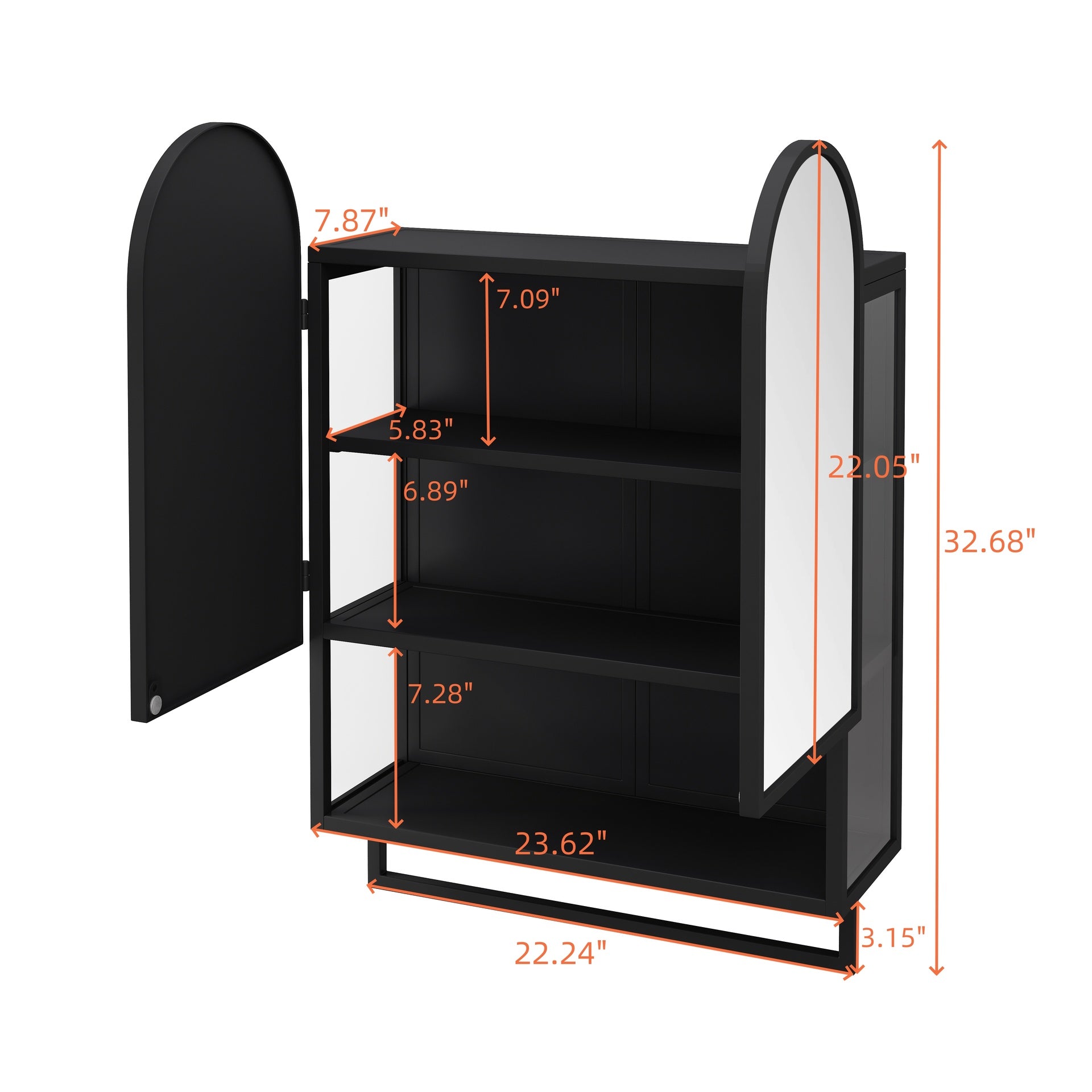 23.62" Modern Double-Arched Mirror Cabinet,2 Doors Medicine Cabinet, Metal Wall Cabinet with Open Shelf and Towel Rack, Mirror Cabinet with Storage for Bathroom, Living Room and Bedroom, Black