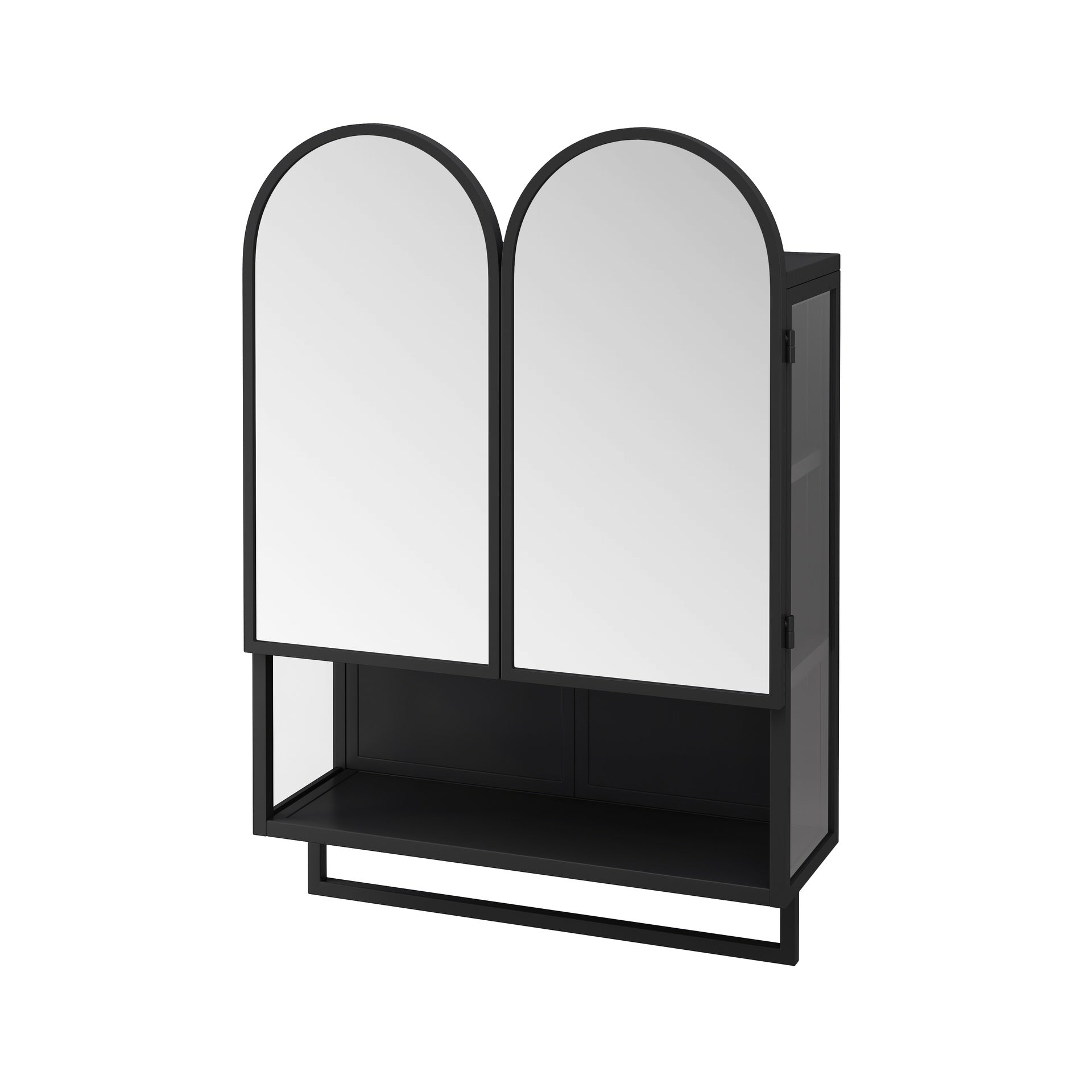 23.62" Modern Double-Arched Mirror Cabinet,2 Doors Medicine Cabinet, Metal Wall Cabinet with Open Shelf and Towel Rack, Mirror Cabinet with Storage for Bathroom, Living Room and Bedroom, Black