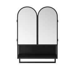 23.62" Modern Double-Arched Mirror Cabinet,2 Doors Medicine Cabinet, Metal Wall Cabinet with Open Shelf and Towel Rack, Mirror Cabinet with Storage for Bathroom, Living Room and Bedroom, Black