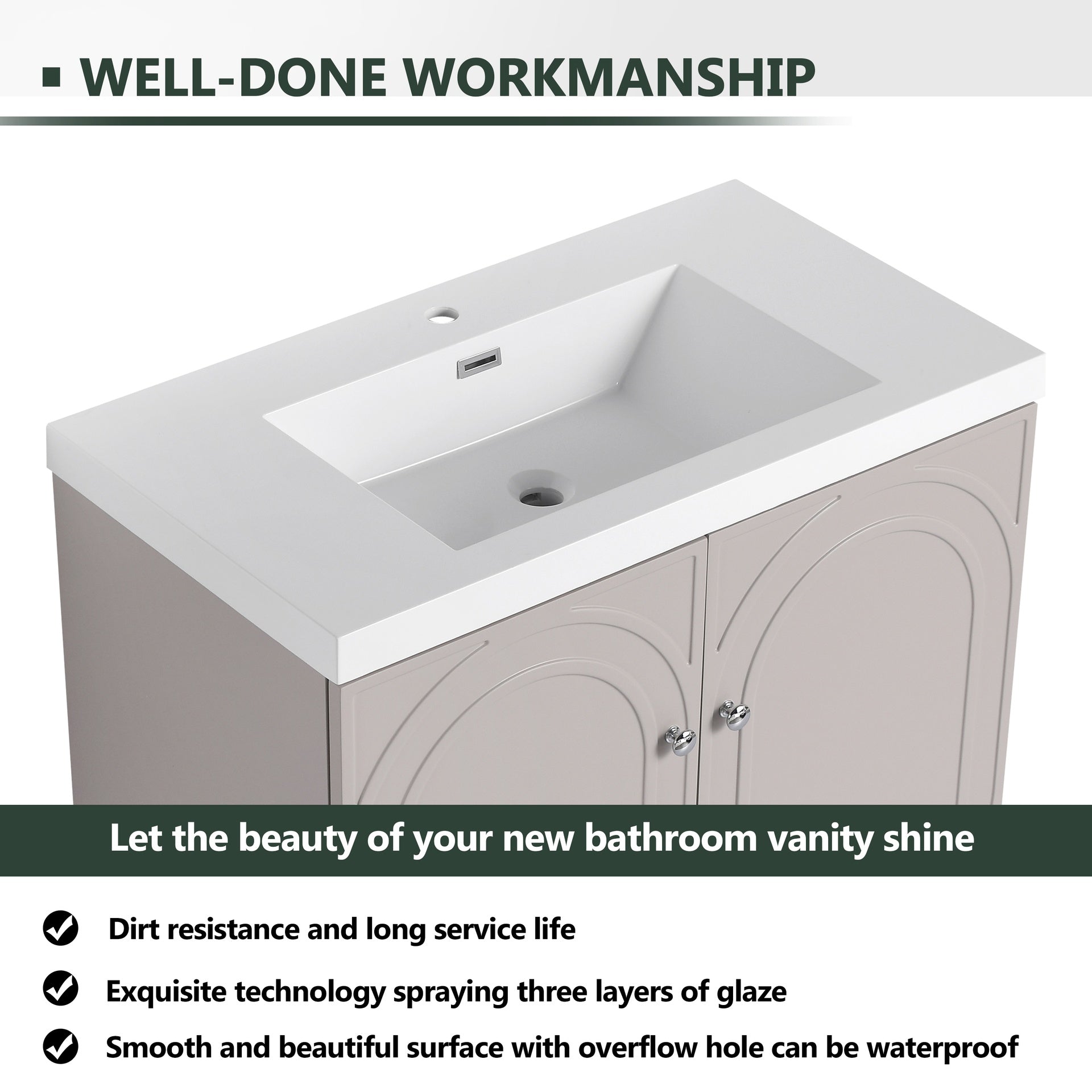 36" Freestanding Bathroom Vanity with White Resin Sink  & 2 Soft-Close Cabinet Doors (KD-Packing)