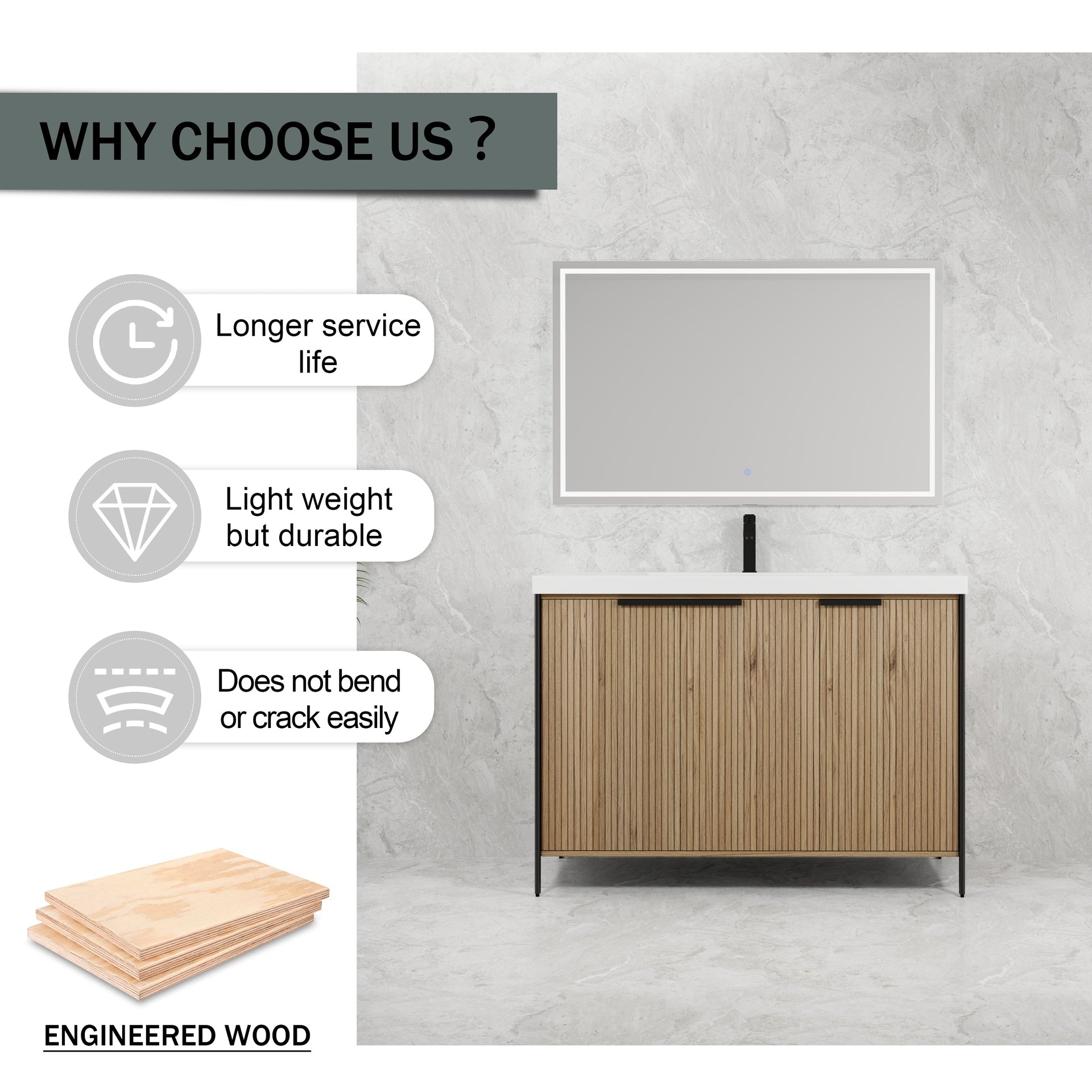 48" Freestanding Bathroom Vanity with Resin Sink & 3 Soft-Close Cabinet Doors (KD-Packing)