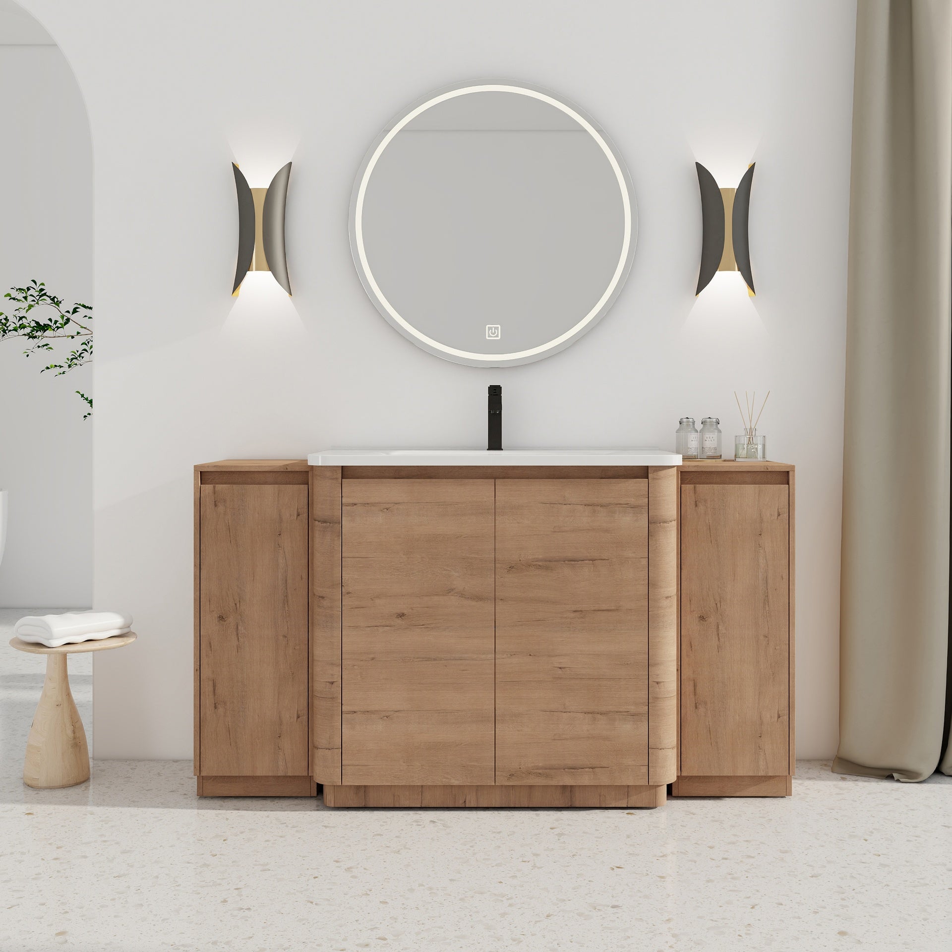 60'' Freestanding Bathroom Vanity with White Ceramic Sink, 2-Small Storage Cabinet, Soft-Close Door, Imitative Oak, KD-Packing, Plywood