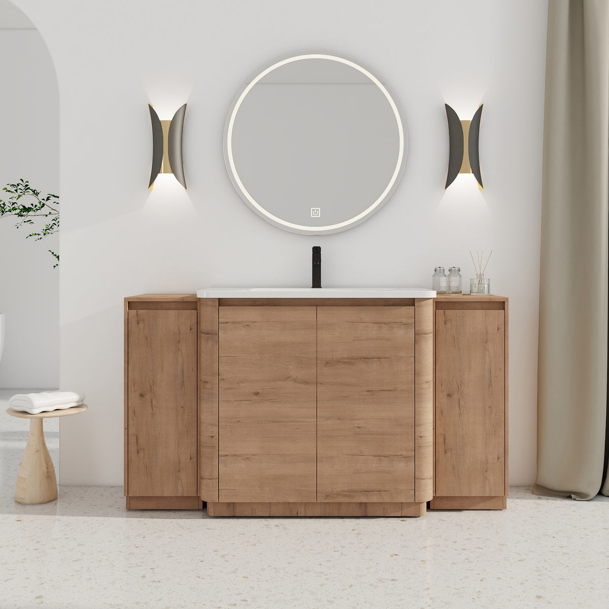 60'' Freestanding Bathroom Vanity with White Ceramic Sink, 2-Small Storage Cabinet, Soft-Close Door, Imitative Oak, KD-Packing, Plywood