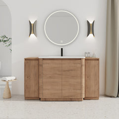 60'' Freestanding Bathroom Vanity with White Ceramic Sink, 2-Small Storage Cabinet, Soft-Close Door, Imitative Oak, KD-Packing, Plywood