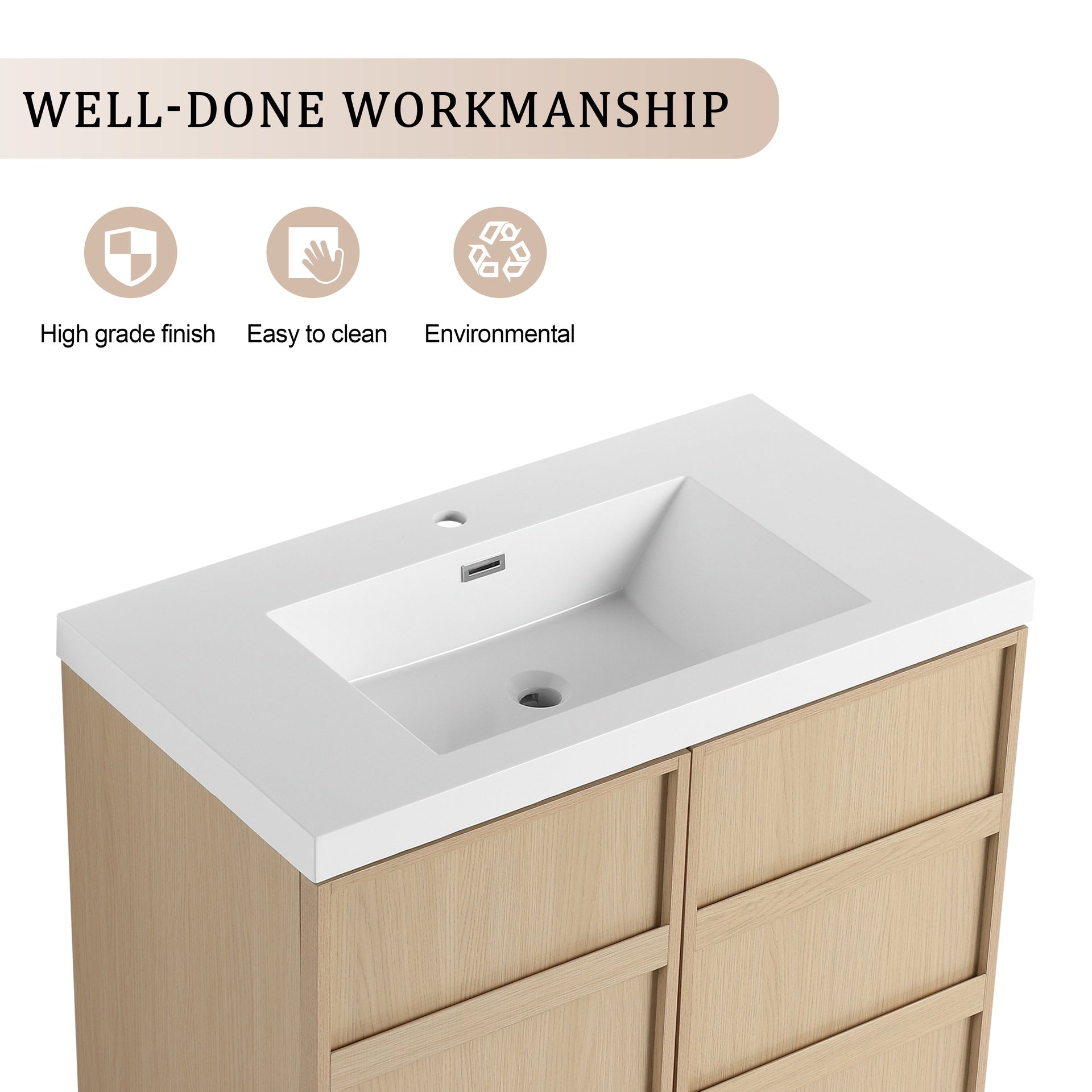 36" Freestanding Bathroom Vanity With Resin Sink  & 2 Soft-Close Cabinet Doors, Plywood, Dune Oak (KD-PACKING)