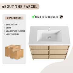 36" Freestanding Bathroom Vanity With Resin Sink  & 2 Soft-Close Cabinet Doors, Plywood, Dune Oak (KD-PACKING)