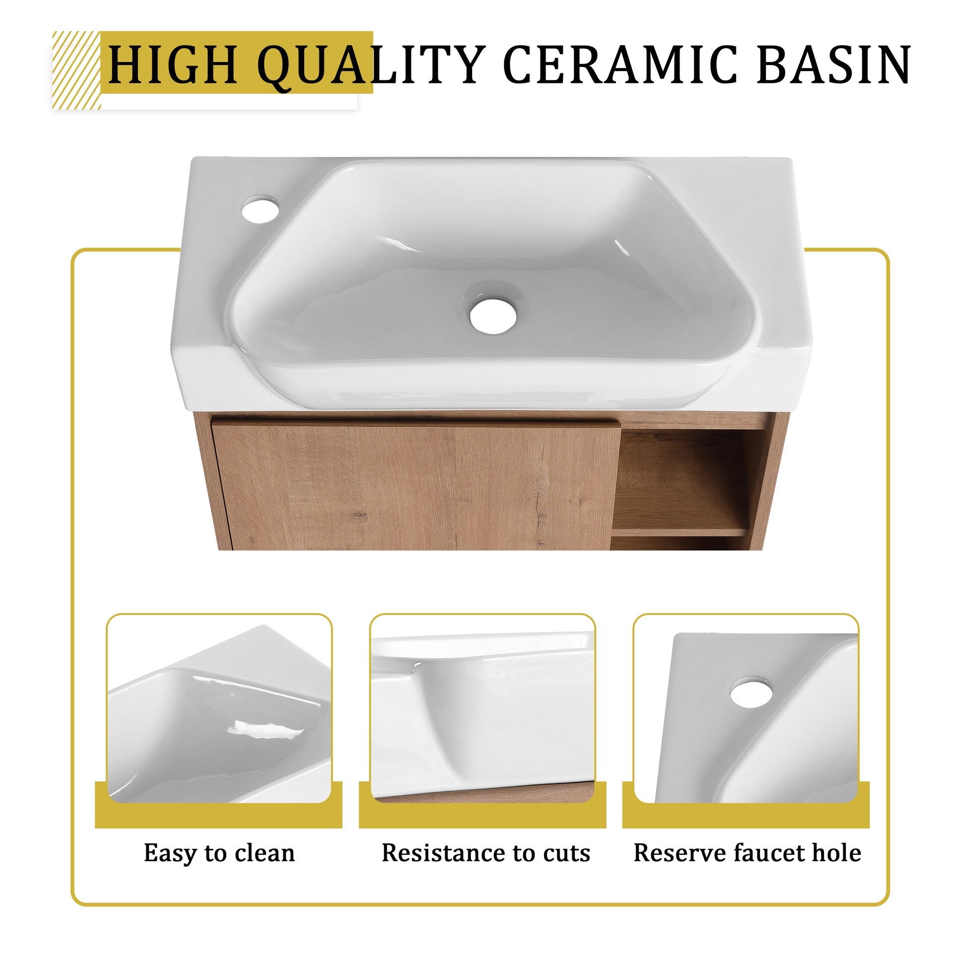 24'' Wall-Mounted Bathroom Vanity with White Ceramic Sink & Soft-Close Door, KD-Packing
