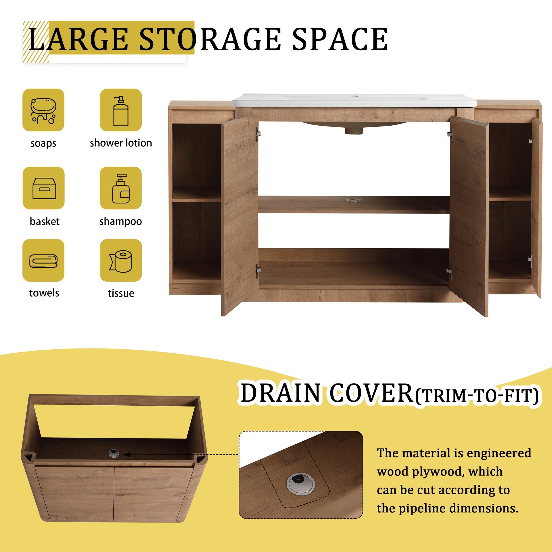 64'' Freestanding Bathroom Vanity with White Ceramic Sink, and 2-Small Storage Cabinet, Soft-Close Door, Imitative Oak, KD-Packing, Plywood