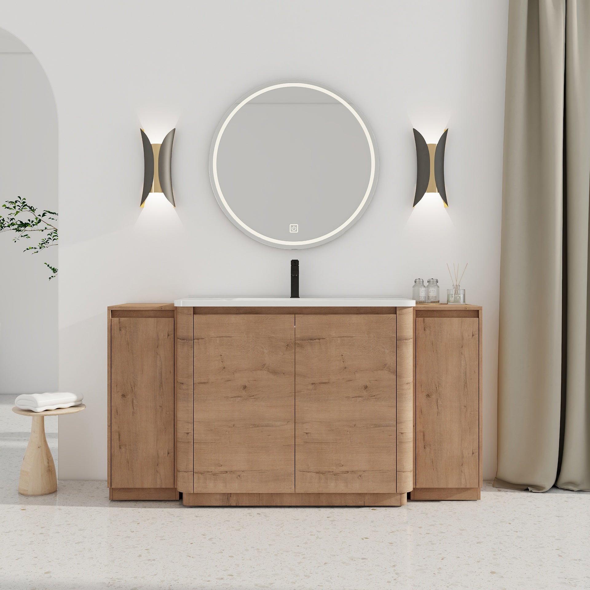 64'' Freestanding Bathroom Vanity with White Ceramic Sink, and 2-Small Storage Cabinet, Soft-Close Door, Imitative Oak, KD-Packing, Plywood