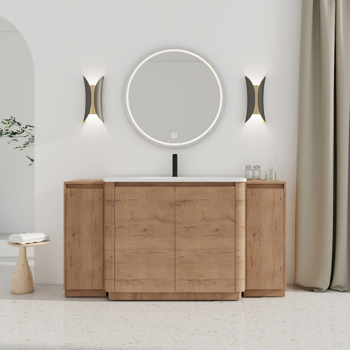 64'' Freestanding Bathroom Vanity with White Ceramic Sink, and 2-Small Storage Cabinet, Soft-Close Door, Imitative Oak, KD-Packing, Plywood