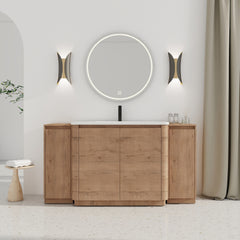 64'' Freestanding Bathroom Vanity with White Ceramic Sink, and 2-Small Storage Cabinet, Soft-Close Door, Imitative Oak, KD-Packing, Plywood