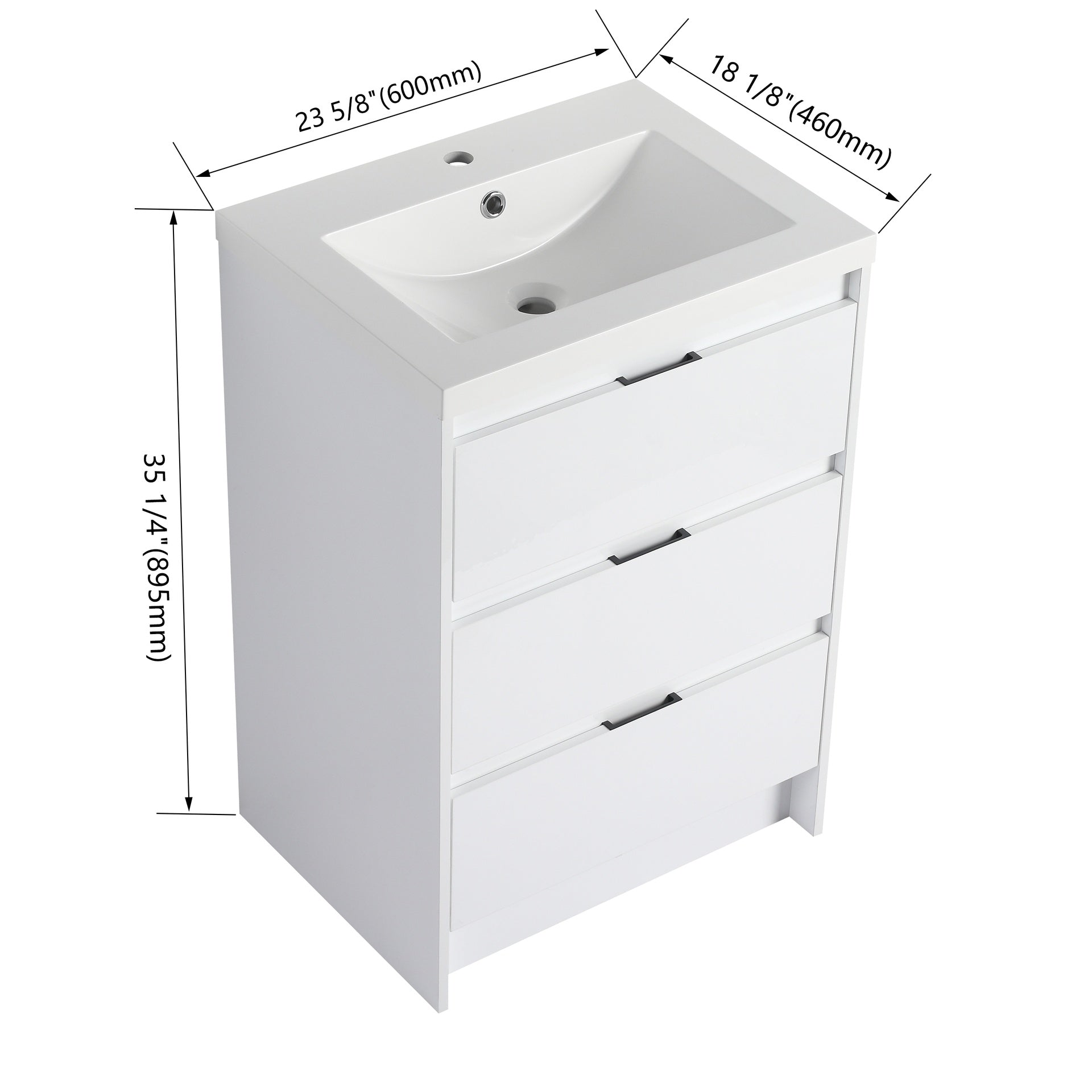 24" Freestanding Bathroom Cabinet with Resin Sink, 3-Soft Close Drawers, Glossy White,(KD-Packing)