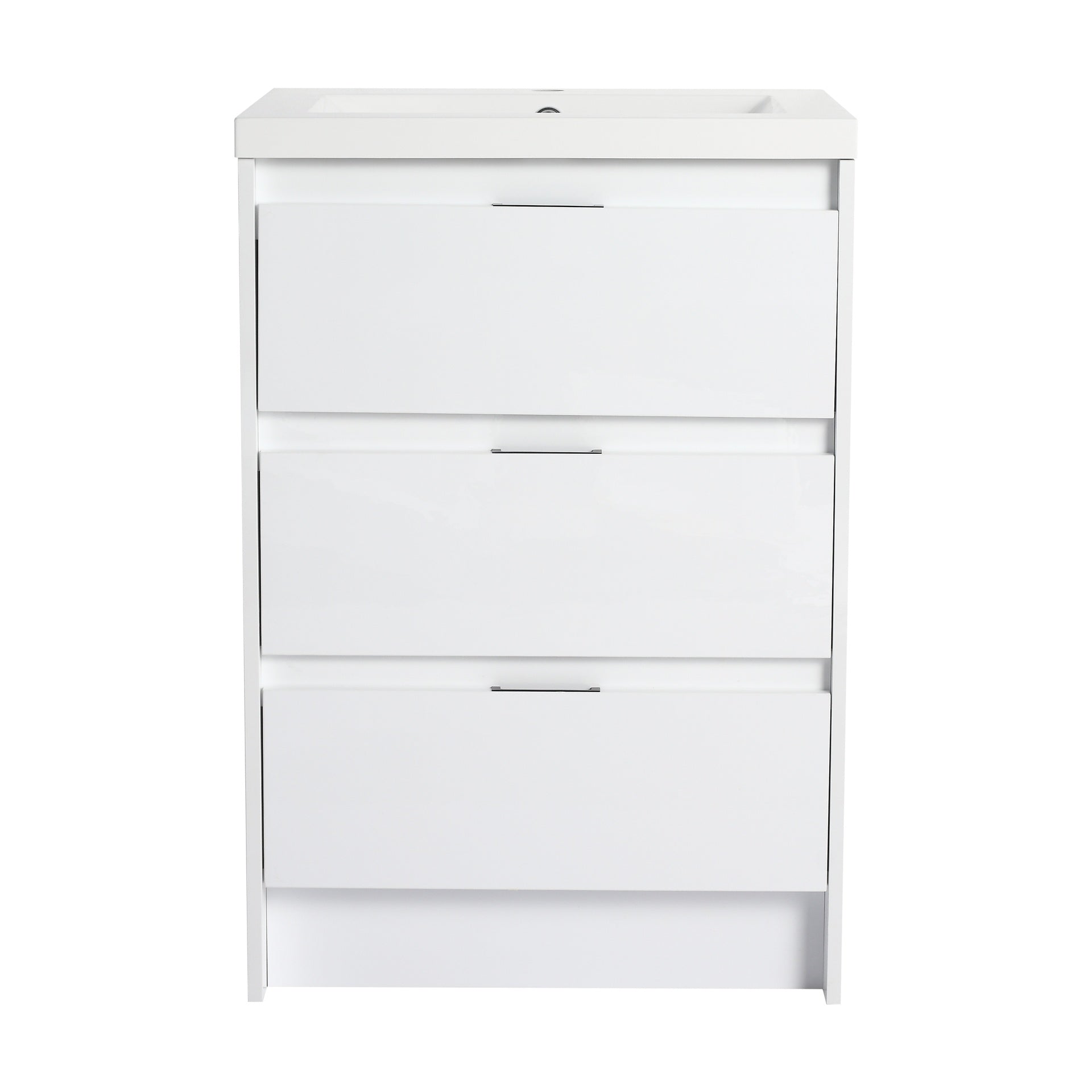 24" Freestanding Bathroom Cabinet with Resin Sink, 3-Soft Close Drawers, Glossy White,(KD-Packing)