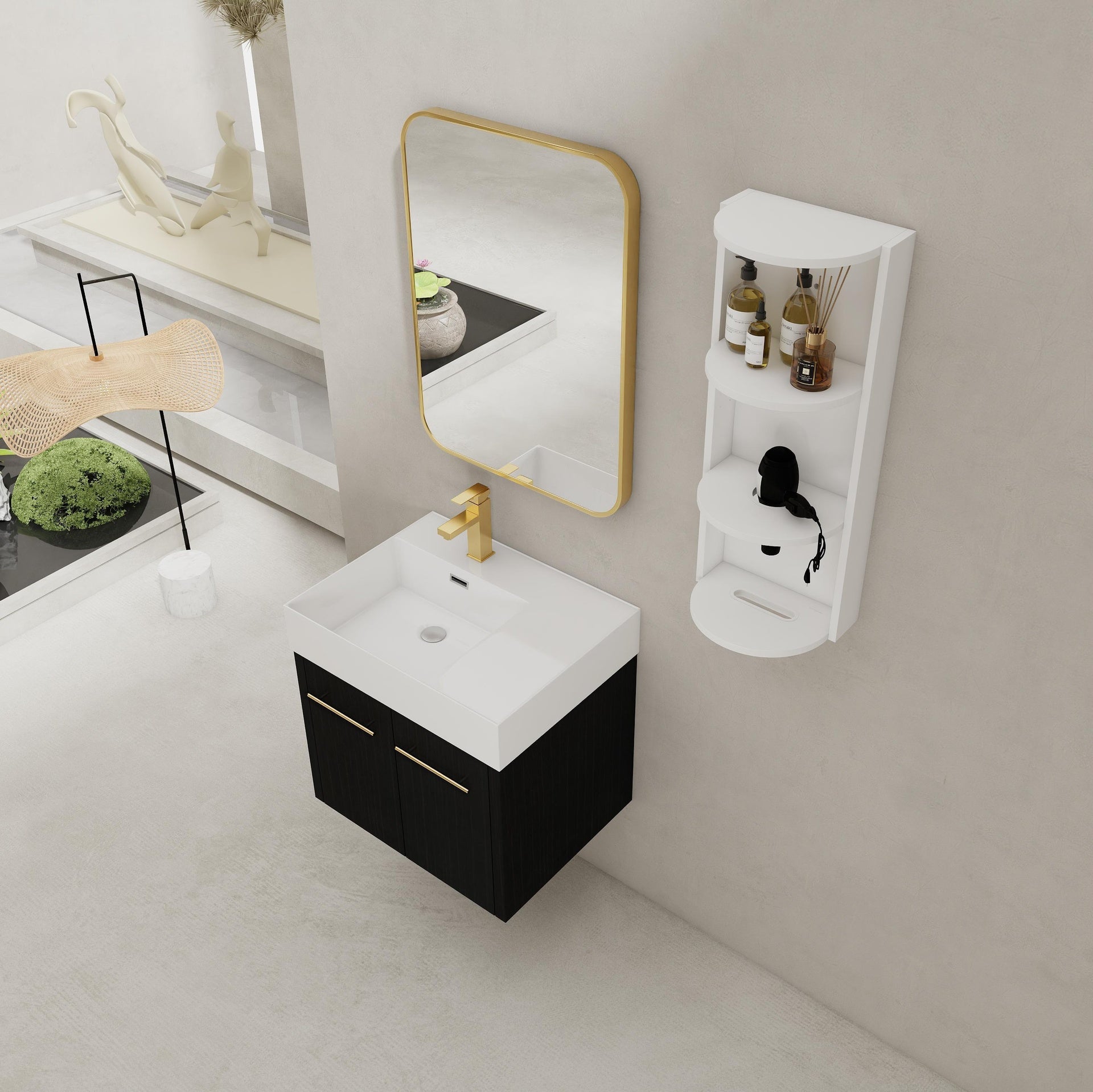 24 Inch Wall-Mounted Bathroom Vanity with Sink and Storage Rack, Thick Edged Resin Left Basin, KD-Package