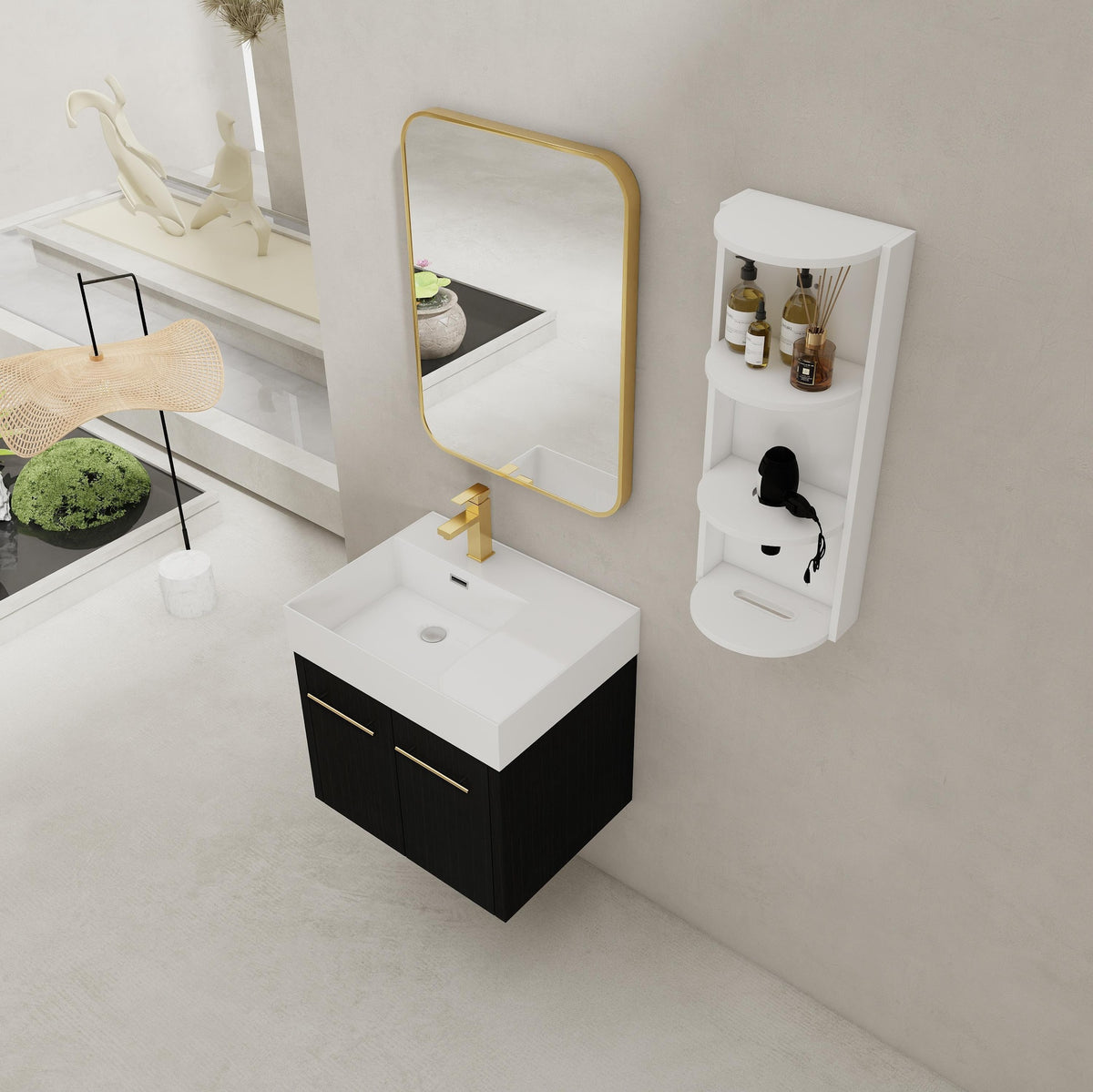 24 Inch Wall-Mounted Bathroom Vanity with Sink and Storage Rack, Thick Edged Resin Left Basin, KD-Package