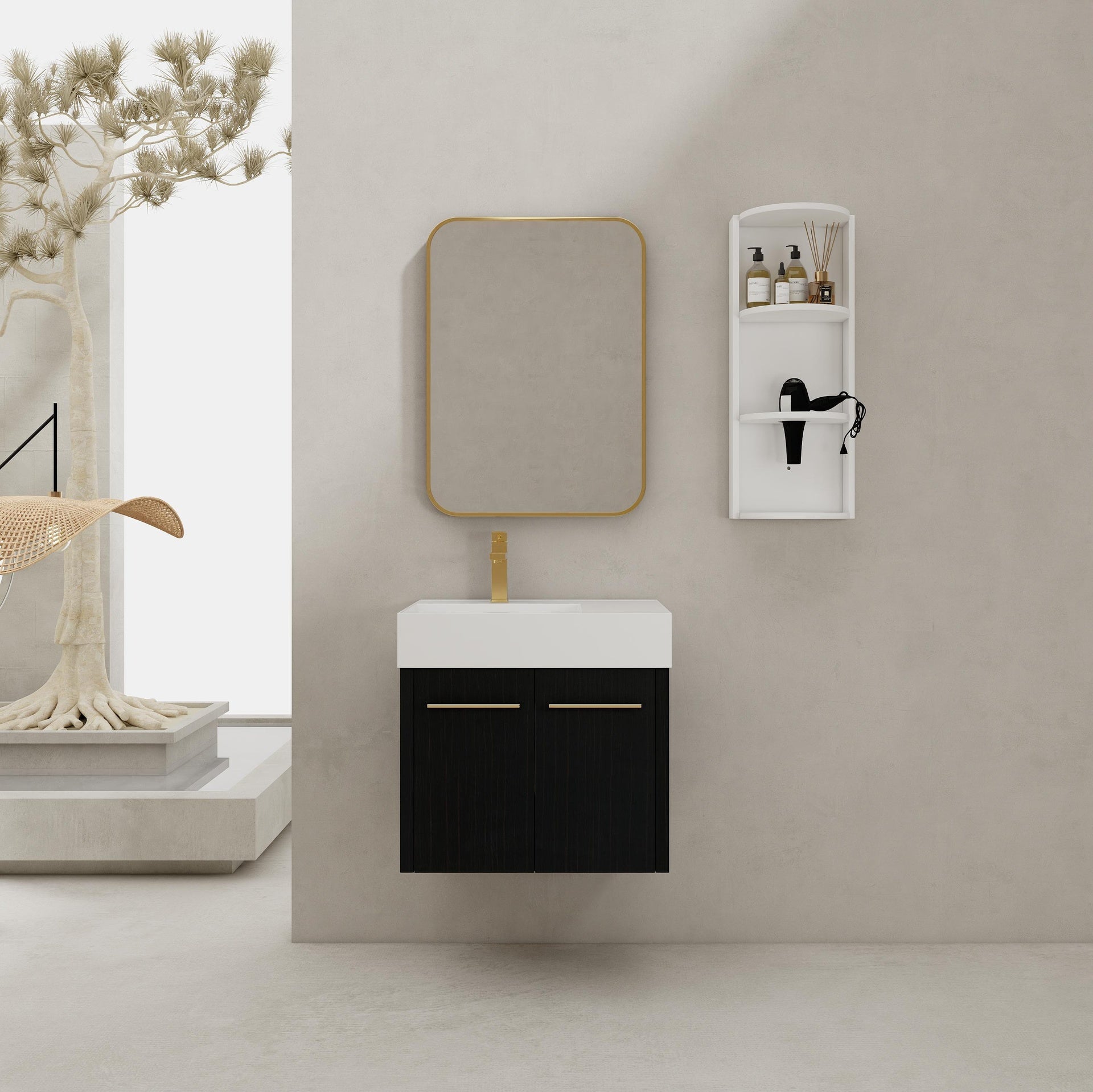 24 Inch Wall-Mounted Bathroom Vanity with Sink and Storage Rack, Thick Edged Resin Left Basin, KD-Package