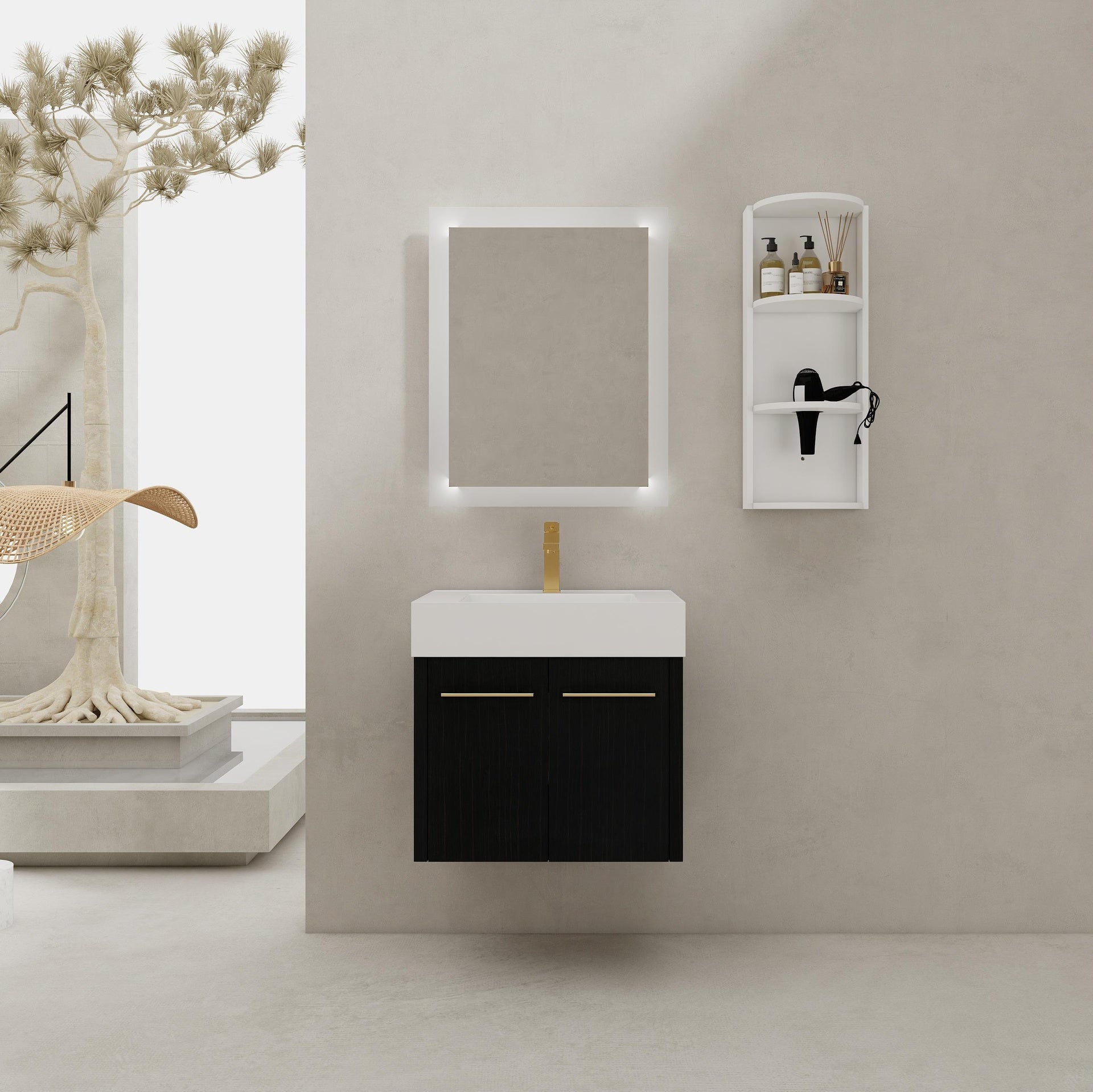 24 Inch Wall-Mounted Bathroom Vanity with Sink and Storage Rack, Thick Edged Resin Basin, KD-Package