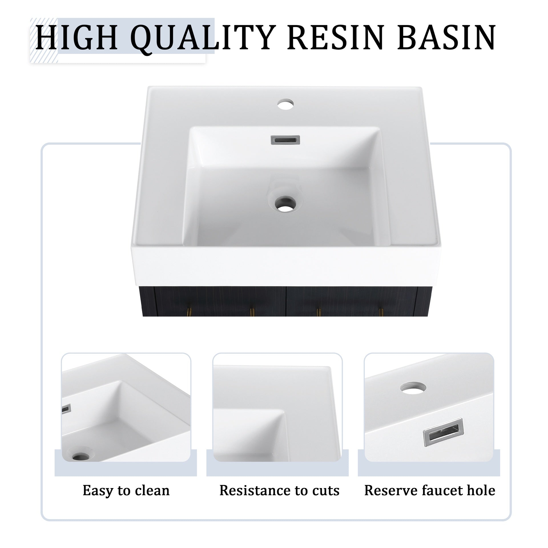 24 Inch Wall-Mounted Bathroom Vanity with Sink and Storage Rack, Thick Edged Resin Basin, KD-Package