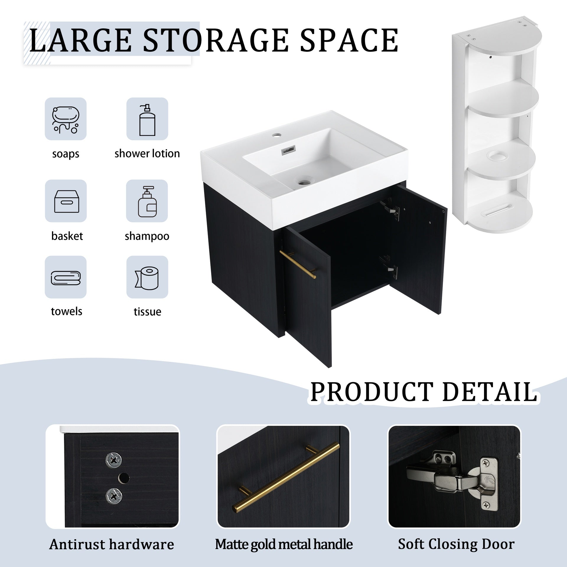 24 Inch Wall-Mounted Bathroom Vanity with Sink and Storage Rack, Thick Edged Resin Basin, KD-Package