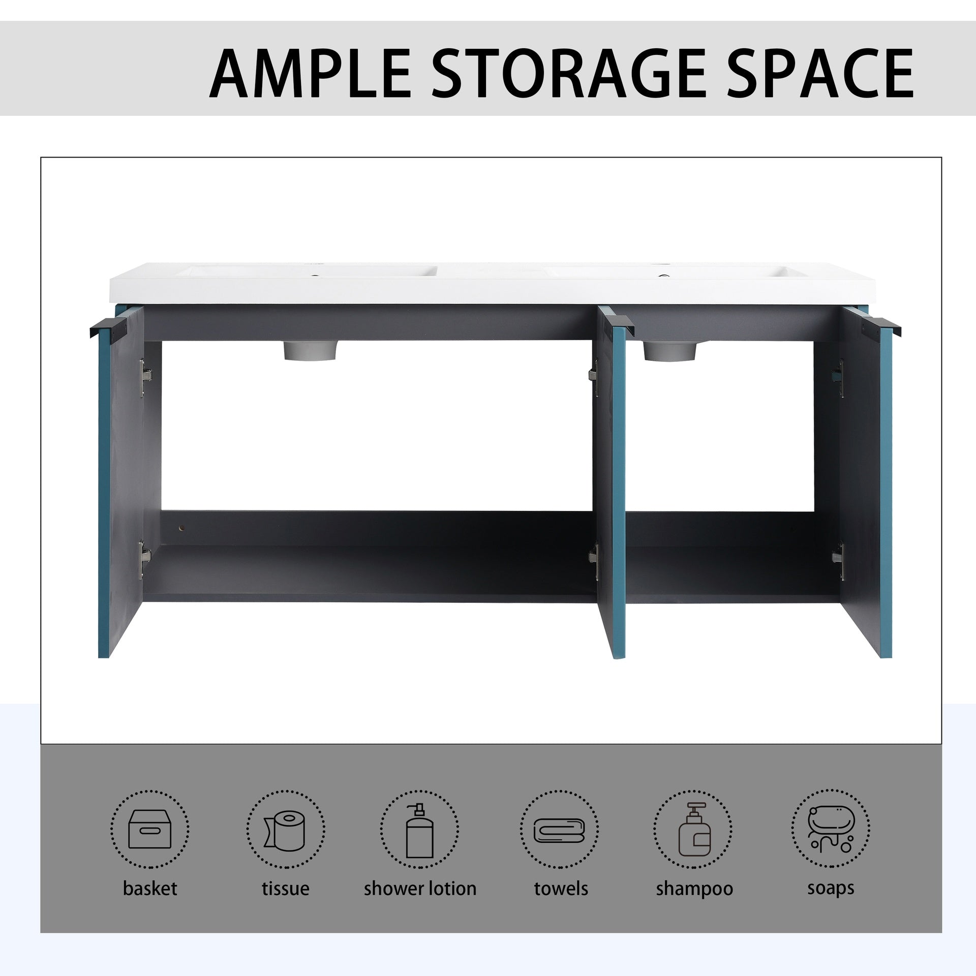 48" Wall Mounted Bathroom Vanity with Resin Double Sink & 3 Soft-Close Doors, KD-Packing