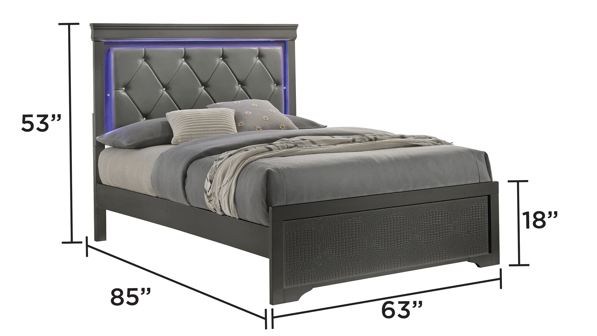 Blaze Upholstered Modern Style 5 Pc Queen Bedroom Set with LED Headboard Made with Wood in Metallic Gray(CA WAREHOUSE)
