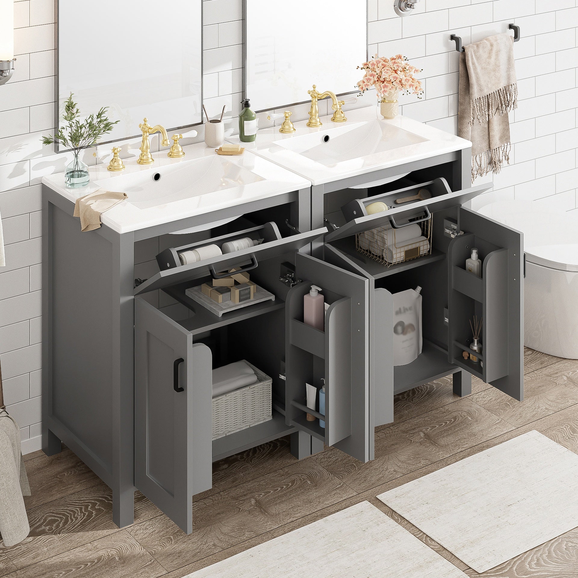 Modern 48-Inch Bathroom Vanity with Ceramic Sink, Soft-Close Doors, Flip Drawer, Double-Layer Door Shelves, Elegant Storage Solution