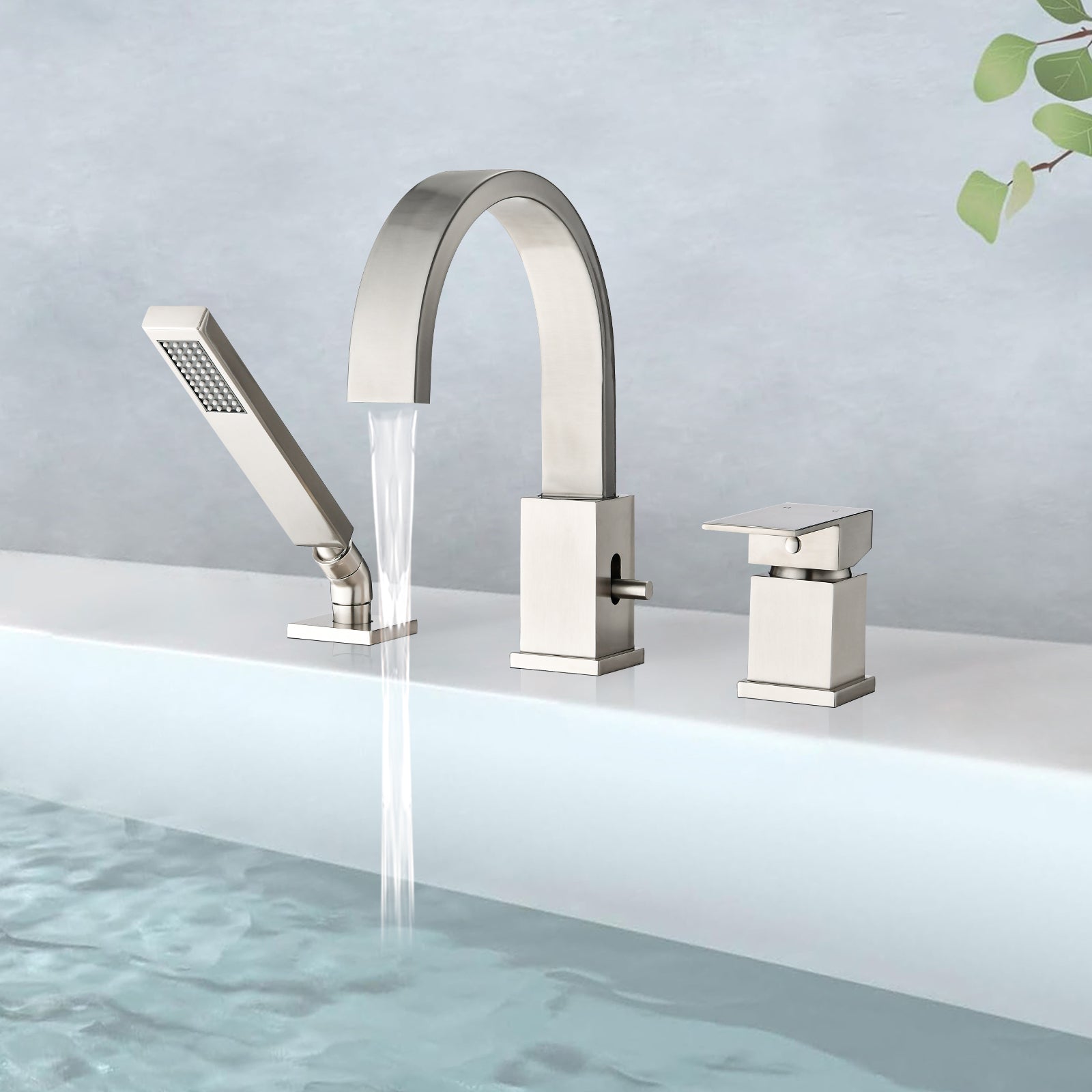 Waterfall Bathtub Faucet with Sprayer, 3-Hole Roman Tub Filler with Hand Shower Deck Mount Waterfall Tub Spout Set