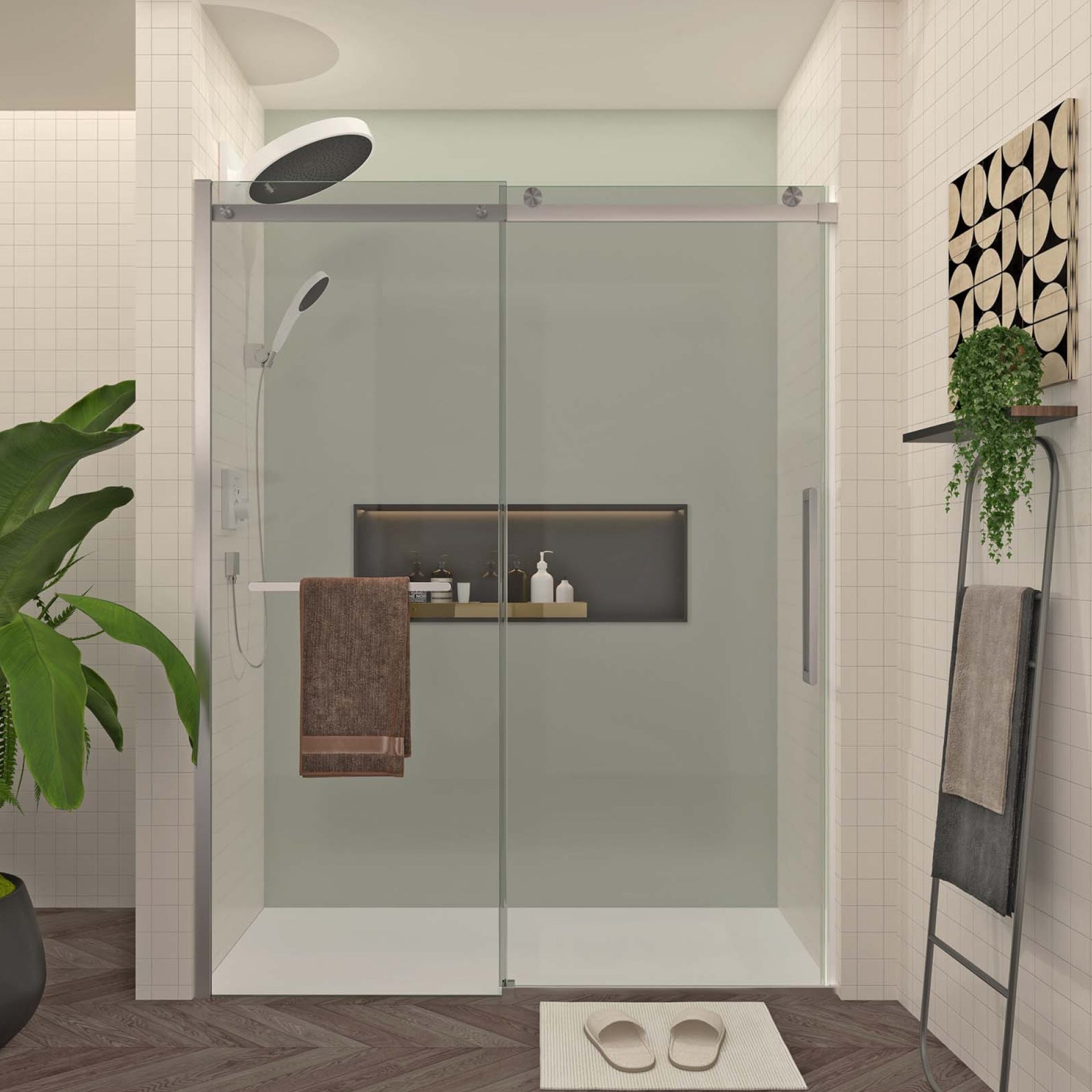 S-RM6076TN 56-60"W x 76"H Sliding Shower Door, Frameless Glass Shower Door with Brushed Nickel Hardware, Towel Bar and Handle,Drop Shipping available