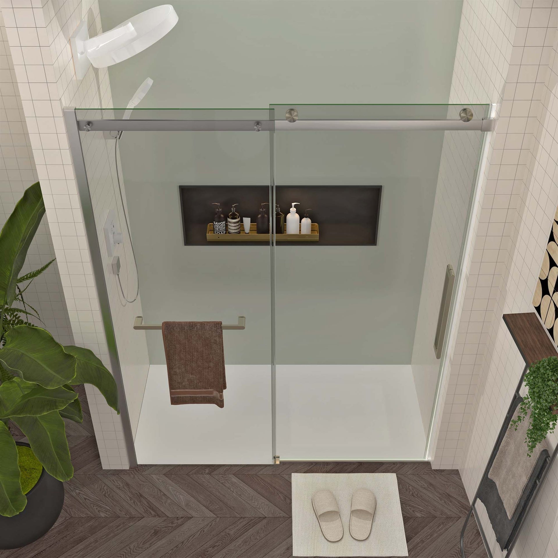 S-RM6076TN 56-60"W x 76"H Sliding Shower Door, Frameless Glass Shower Door with Brushed Nickel Hardware, Towel Bar and Handle,Drop Shipping available