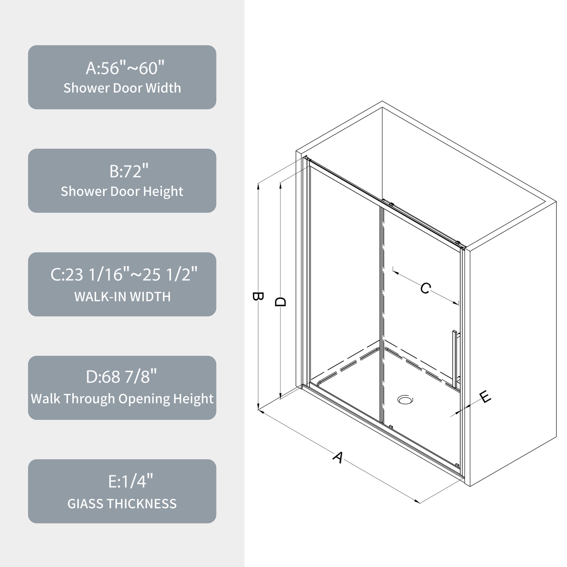 56"-60"W x 72"H sliding shower door, sliding door, with 1/4" tempered glass and Polished Chrome finish 6072