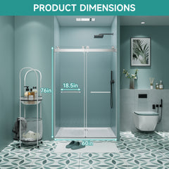 56"-60" W x 76" H Frameless Double Sliding Shower Door, Soft-Close Brushed Nickel Shower Screen, 5/16" (8mm) Clear Tempered Glass With Explosion-proof Film, Dual Stainless Steel Door Handles