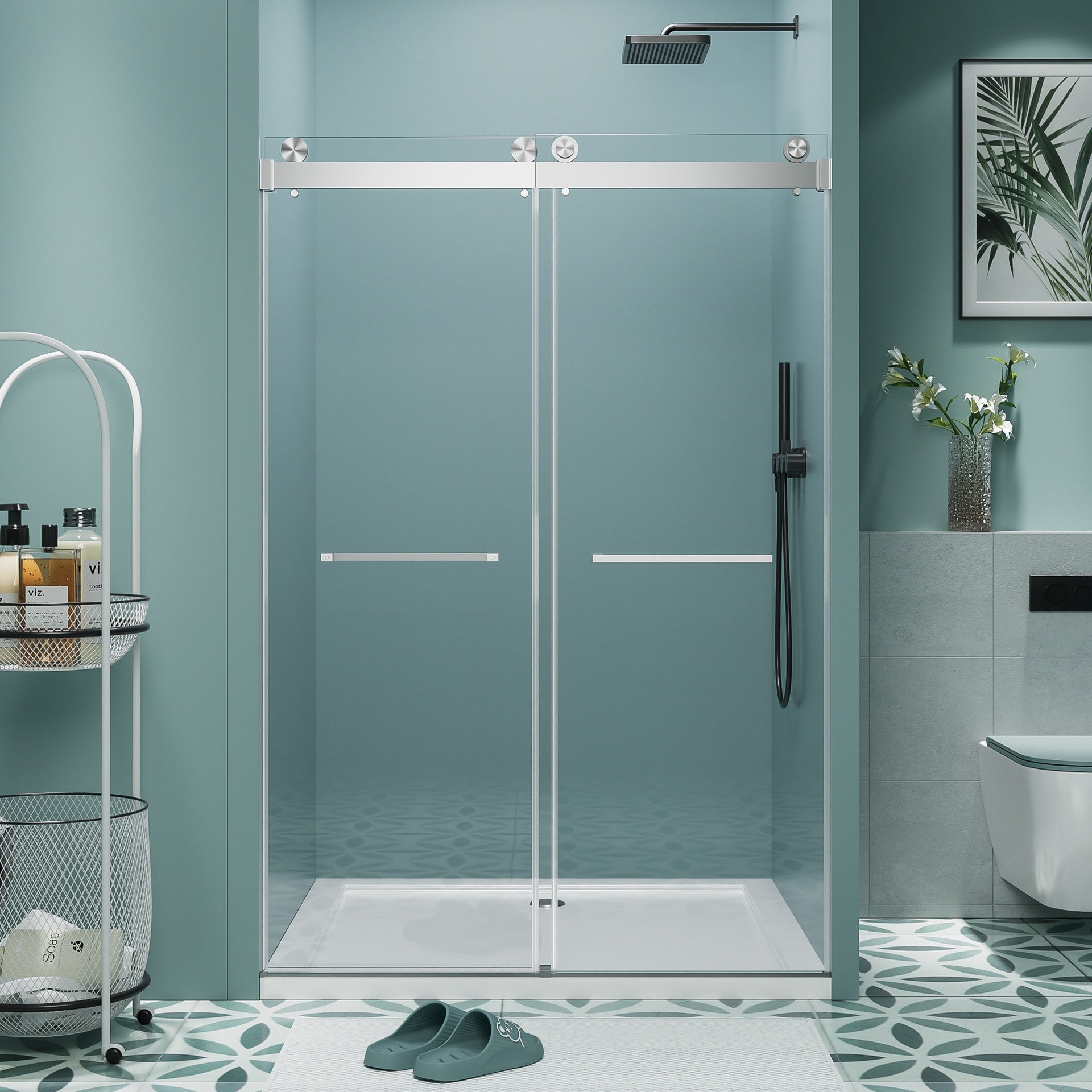 56"-60" W x 76" H Frameless Double Sliding Shower Door, Soft-Close Brushed Nickel Shower Screen, 5/16" (8mm) Clear Tempered Glass With Explosion-proof Film, Dual Stainless Steel Door Handles