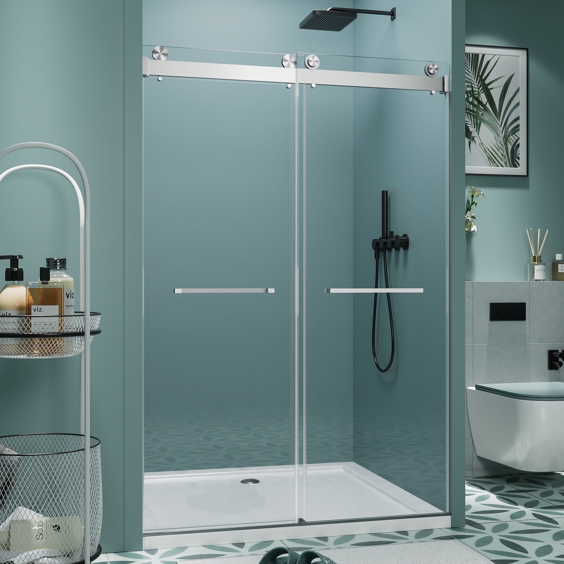 56"-60" W x 76" H Frameless Double Sliding Shower Door, Soft-Close Brushed Nickel Shower Screen, 5/16" (8mm) Clear Tempered Glass With Explosion-proof Film, Dual Stainless Steel Door Handles