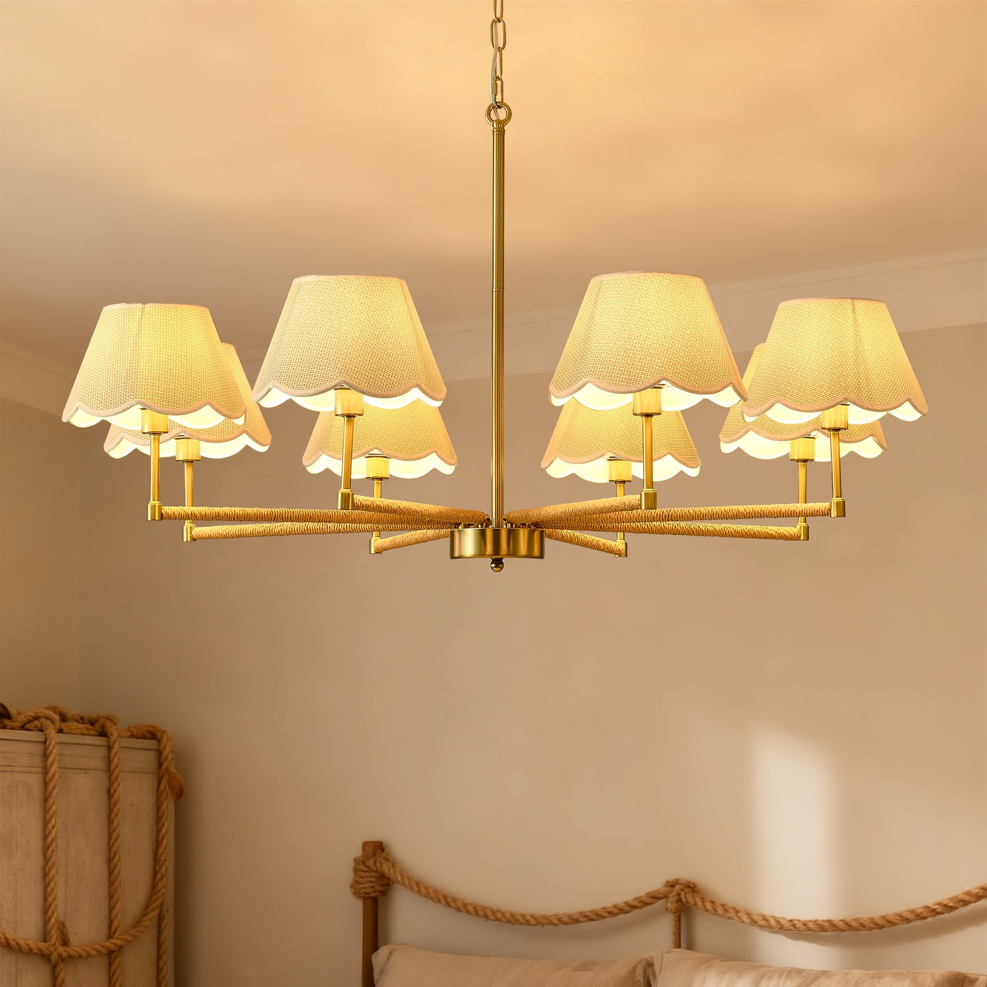 8-Light  Rope + Fabric shade Chandelier,Gold  Chandelier,Chandelier Romantic Golden,Adjustable Pendant Lights  Living Room Dining Room Decoration Lamp Custom Hotel Project Lighting - Gold-