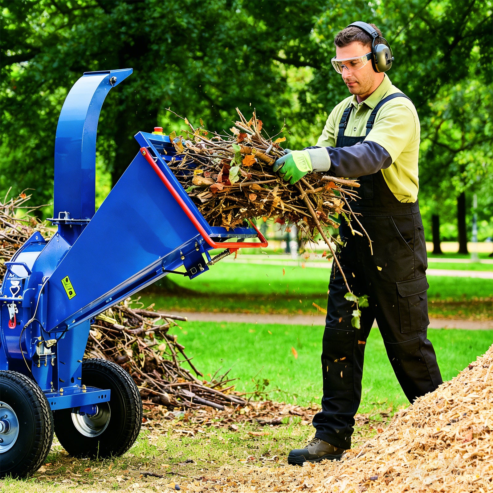 5-Inch 420cc 15HP Gas Powered Disc Wood Chipper, 	Recoil Start, Leaf Branch Shredder Mulcher with 2'' Coupler Tow Hitch, Jockey Wheel, Emergency Stop Bar, Towable Wood Chipper Shredder