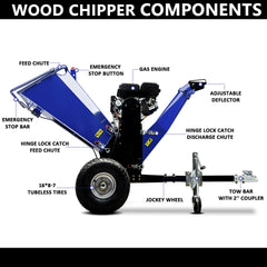6-Inch 420cc 15HP Gas Powered Wood Chipper, E-Start, Leaf Branch Shredder Mulcher with 2'' Coupler Tow Hitch, Jockey Wheel, Towable Wood Chipper Shredder