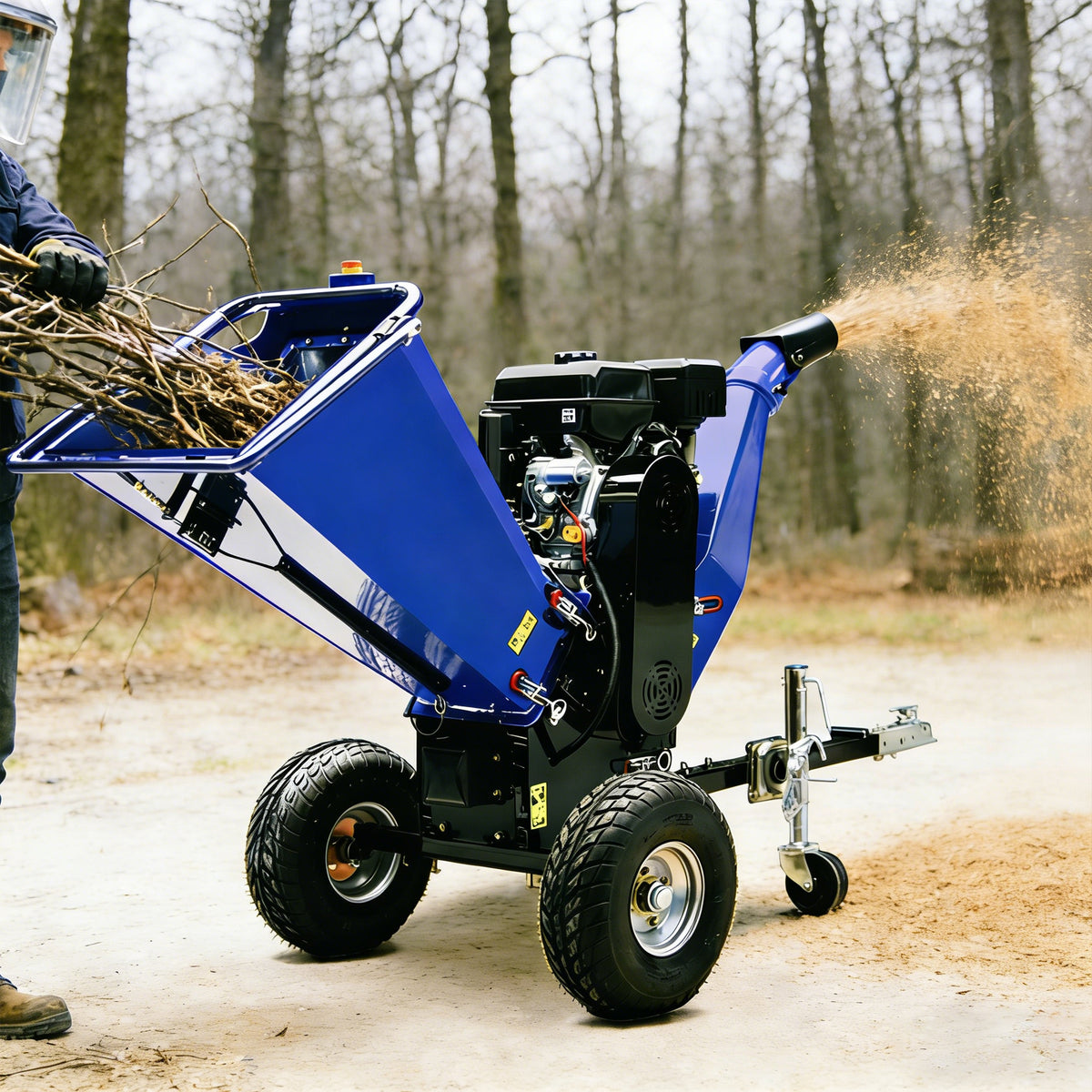 6-Inch 420cc 15HP Gas Powered Wood Chipper, E-Start, Leaf Branch Shredder Mulcher with 2'' Coupler Tow Hitch, Jockey Wheel, Towable Wood Chipper Shredder