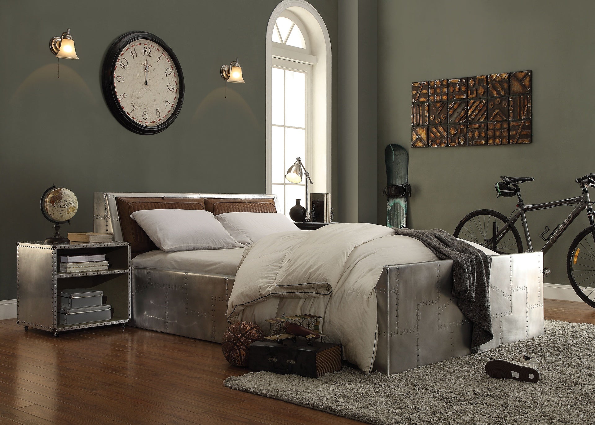 Aluminum 2-Shelf Nightstand with Nailhead Trim and Casters