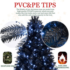 4ft Black Christmas Tree with 150 White LED Lights, 666 Tips PE+PVC Artificial Tree for Halloween & Holiday Decor, Hinged Structure with Stable Metal Stand