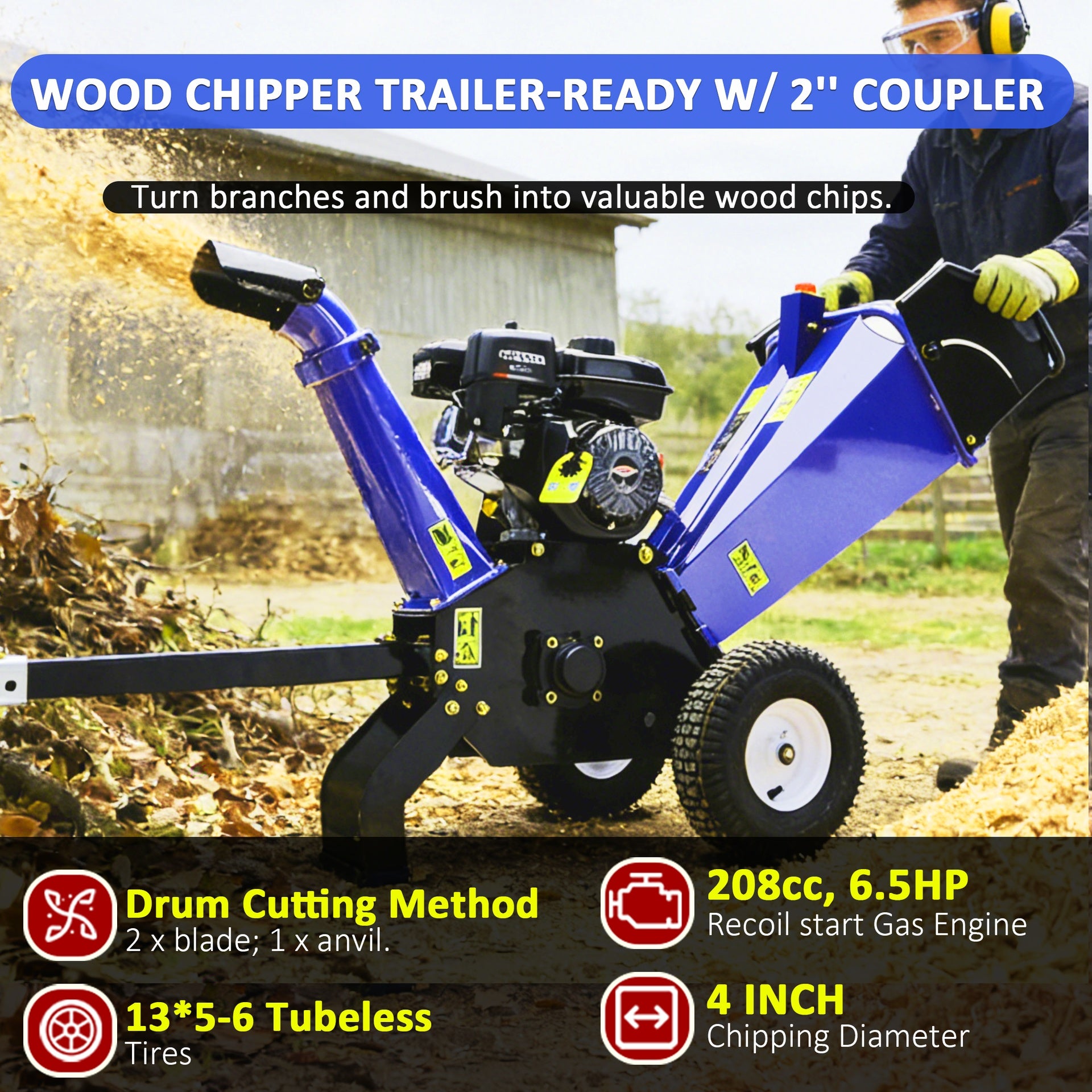 4-Inch 208cc 6.5HP Gas Powered Wood Chipper, Recoil Start, Leaf Branch Shredder Mulcher with 2'' Coupler Tow Hitch, Towable Wood Chipper Shredder