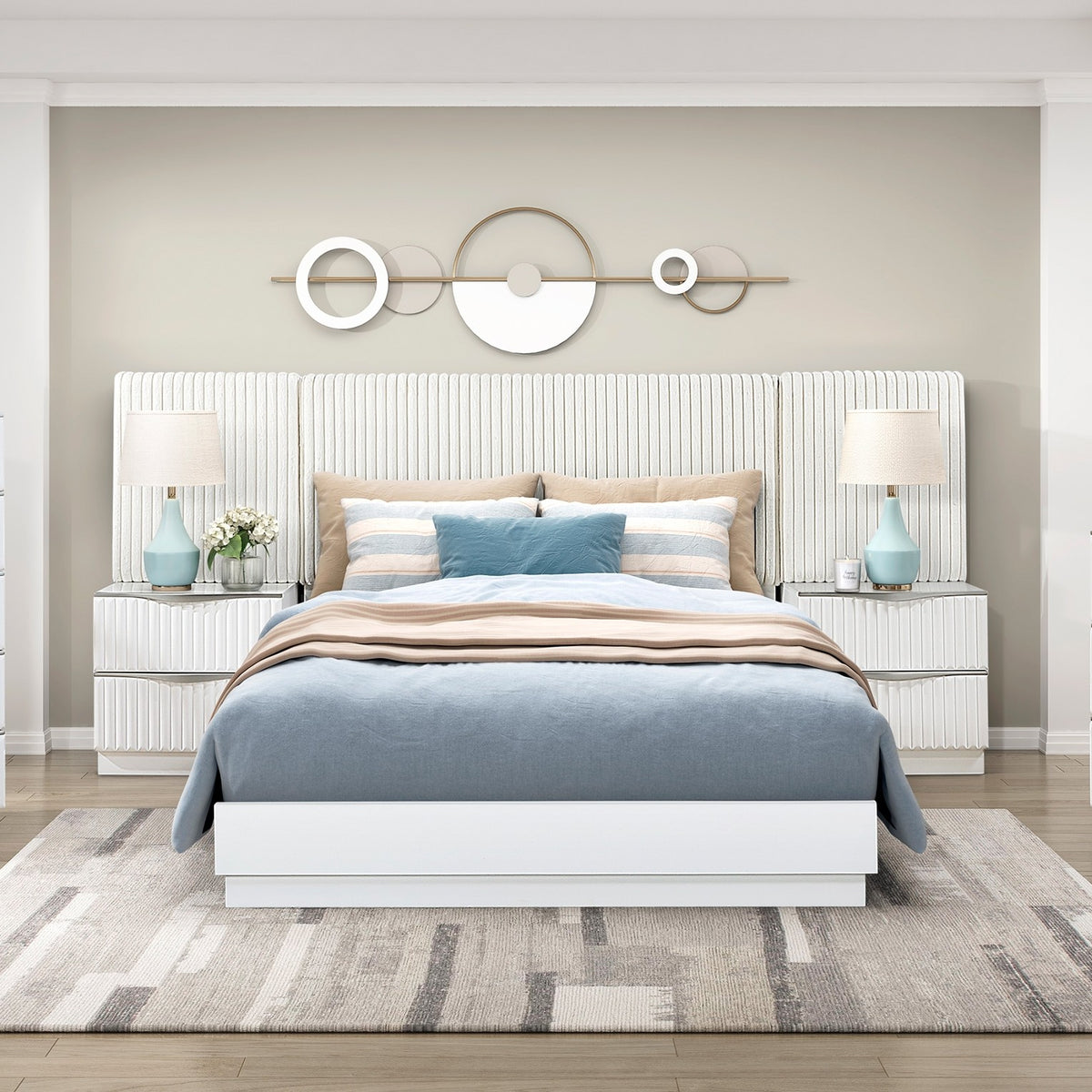Luxurious Pearl White Finish 5pc California King Wall Bed Set Soft Upholstery Headboard Panel Glam Bedroom Furniture