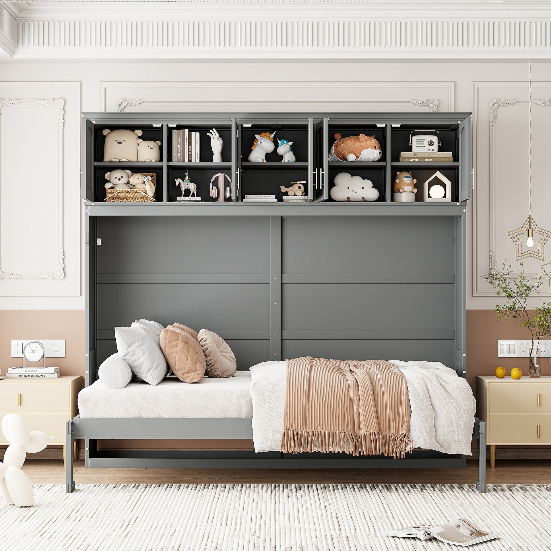 Queen Size Murphy Bed Wall Bed with Top Cabinets,Gray(OLD SKU :LP006665AAE)